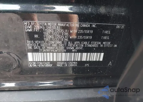 2020 Toyota Rav4 Xle Premium из США, поврежденный, VIN 2T3A1RFV4LW137094